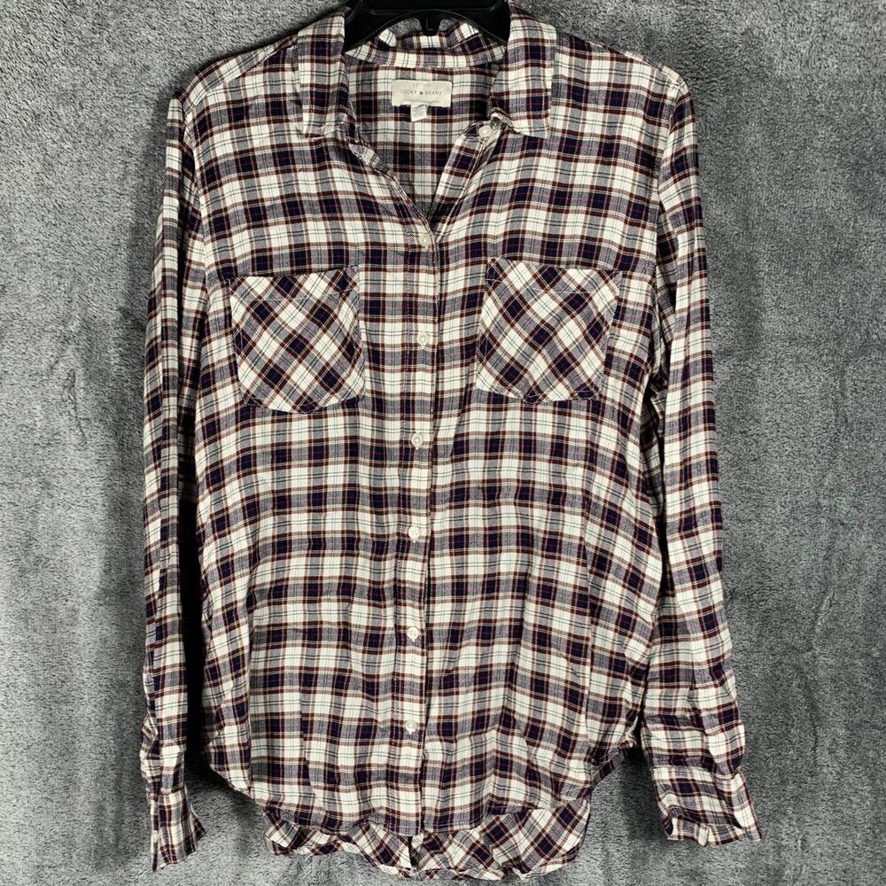 Lucky Brand Shirt Womens Small Blue Brown Plaid Button Down Split Back Casual